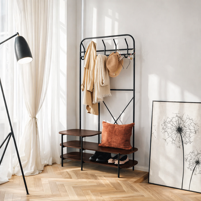 LESTER - Vestiaire d'entrée style industriel avec plateaux en bois marron