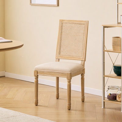 CAMBRIDGE - Lot de 2 chaises en bois et cannage avec assise en tissu beige