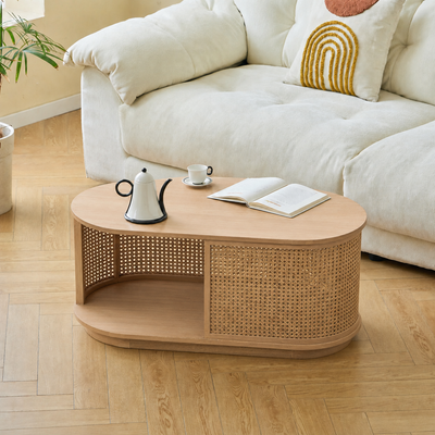 Table basse avec rangement en frêne et rotin naturel