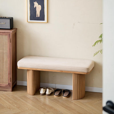 Banc en bois massif et velours beige