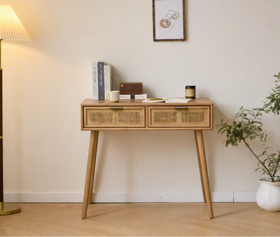 NISHIO - Console 2 tiroirs en bois et rotin naturel