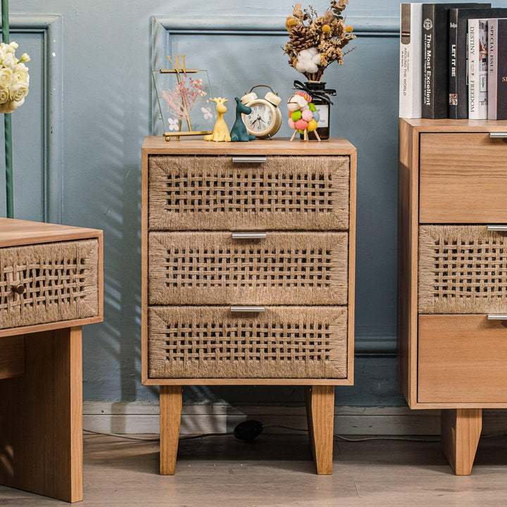 Chiffonnier 3 tiroirs en bois et corde naturelle
