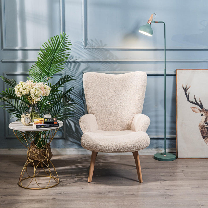 Fauteuil de salon en bois massif et bouclettes blanches