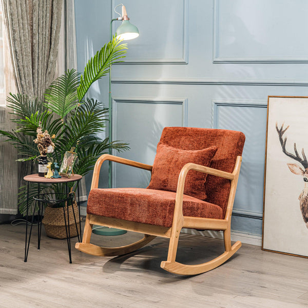 Rocking chair en bois massif et tissu terracotta