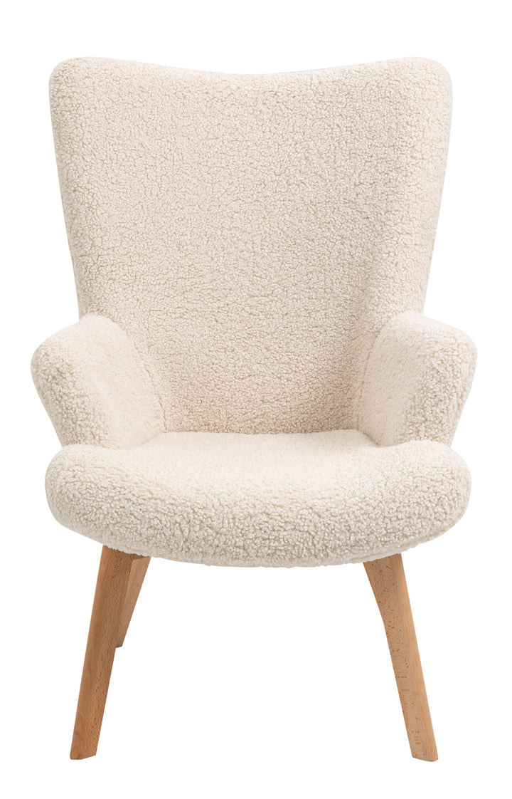Fauteuil de salon en bois massif et bouclettes blanches