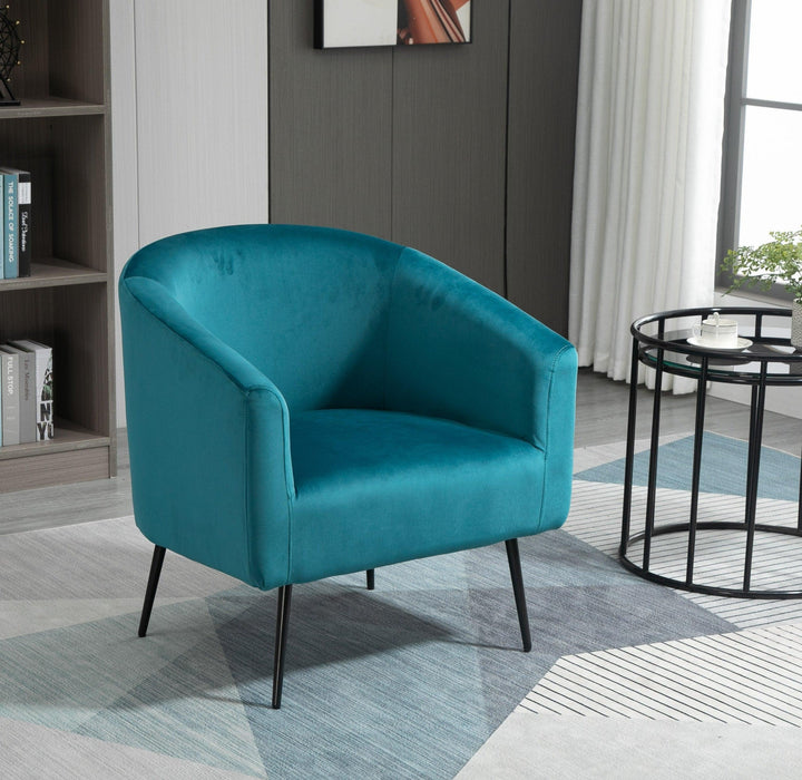 Fauteuil de salon en métal et velours bleu canard
