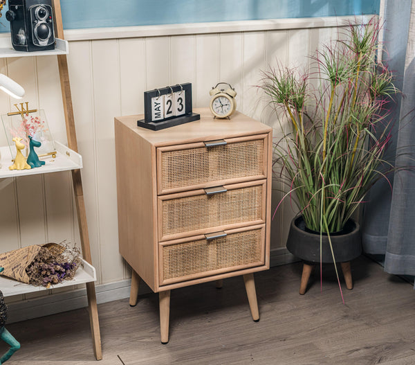 Chiffonnier 3 tiroirs en bois et rotin naturel