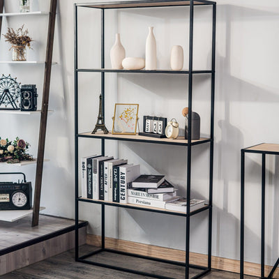 Etagère style industriel de 4 niveaux en bois et métal noir